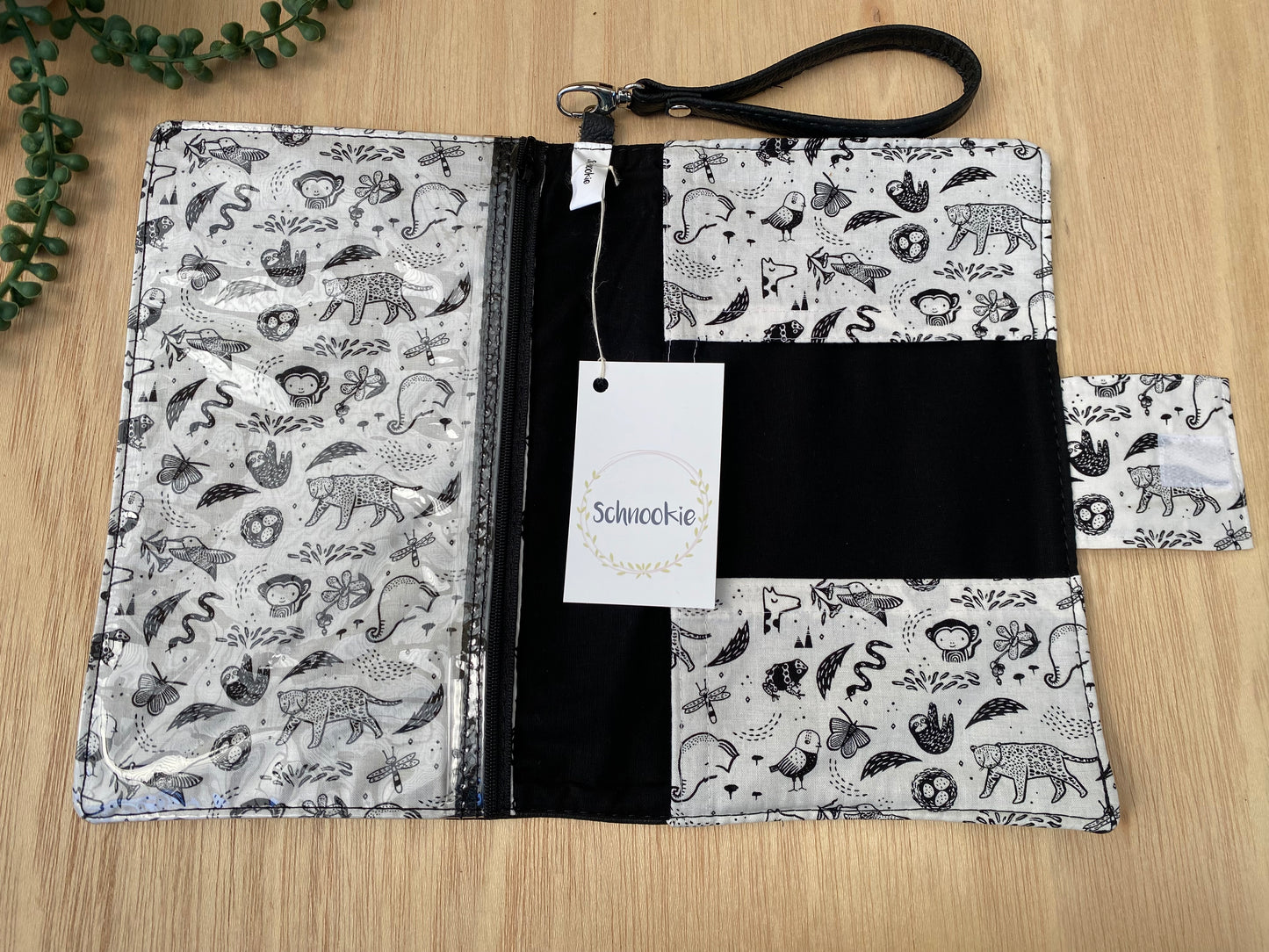 Leather Nappy Wallet - animals on black leather