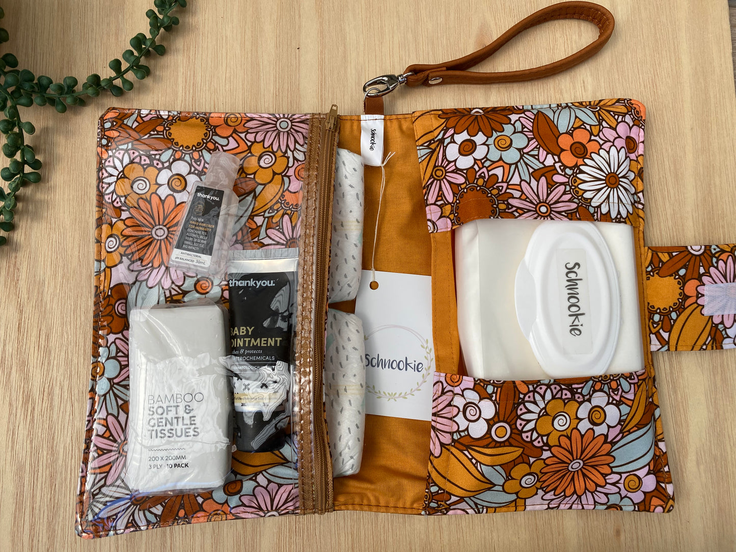 Leather Nappy Wallet - Floral on tan leather