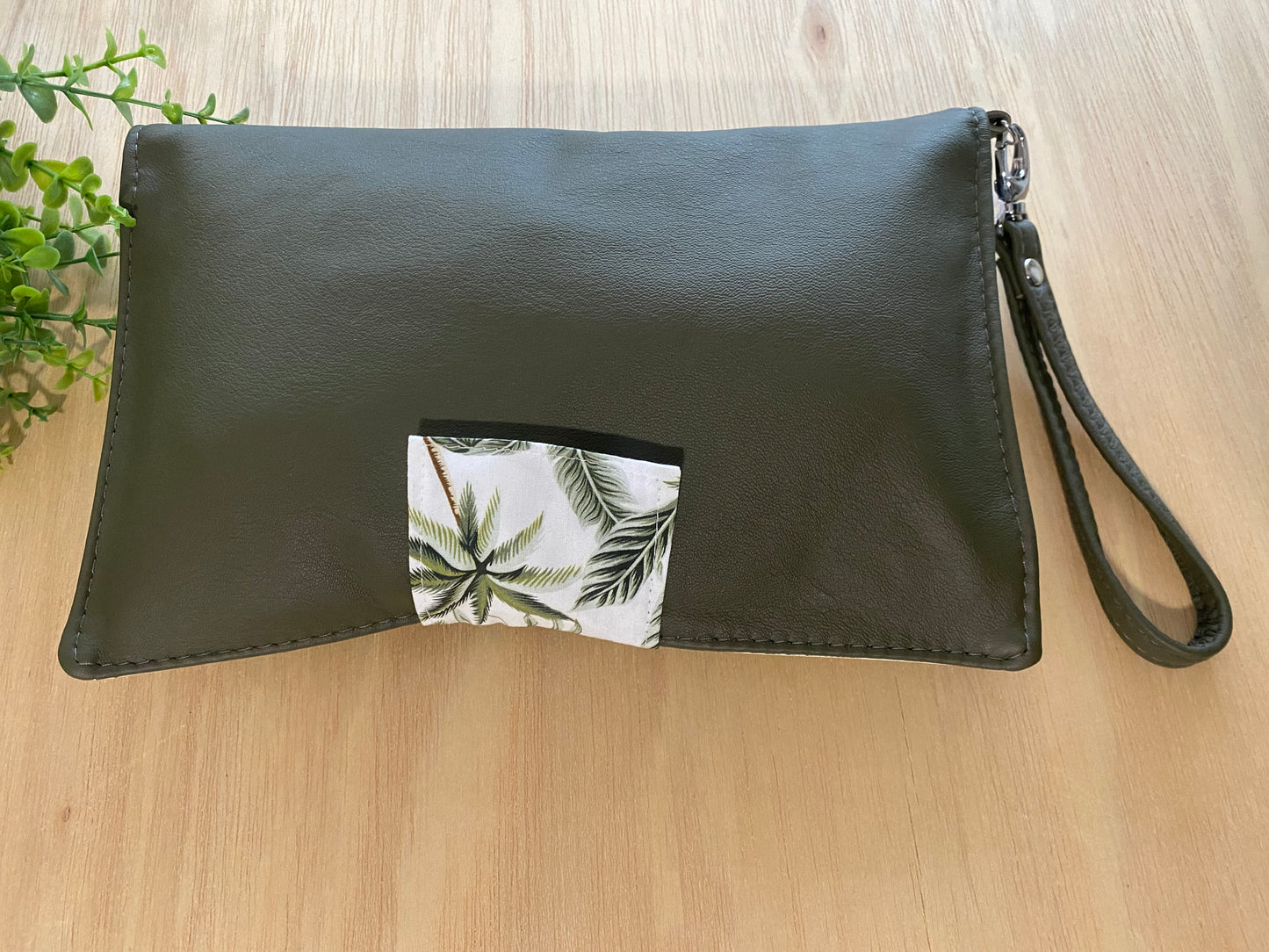 Leather Nappy Wallet - Olive Palm trees