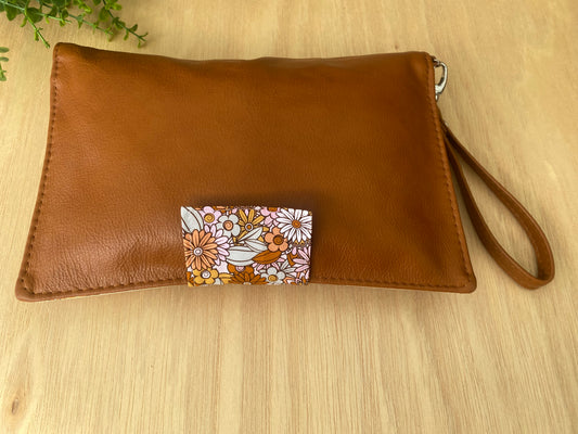 Leather Nappy Wallet - Floral on tan leather