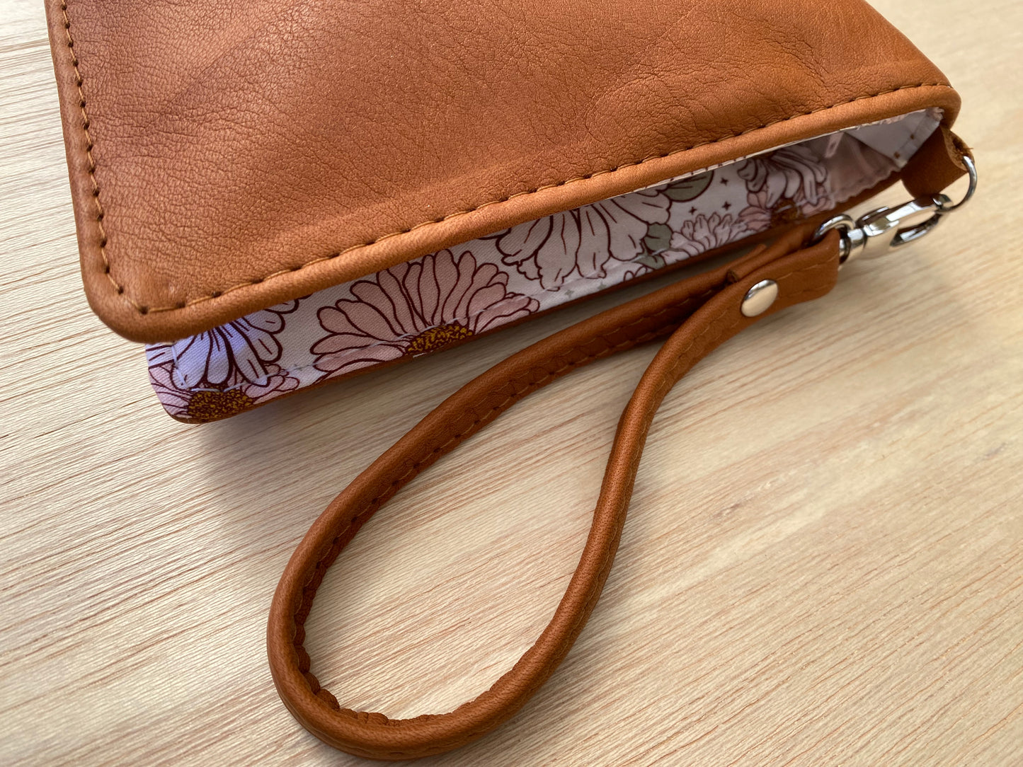 Leather Nappy Wallet - pink daisy on tan leather