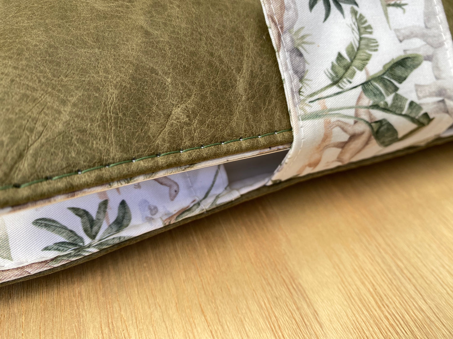 Leather Nappy Wallet - Dino on distressed olive leather