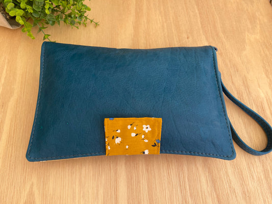 Leather Nappy Wallet - Mustard floral on blue leather