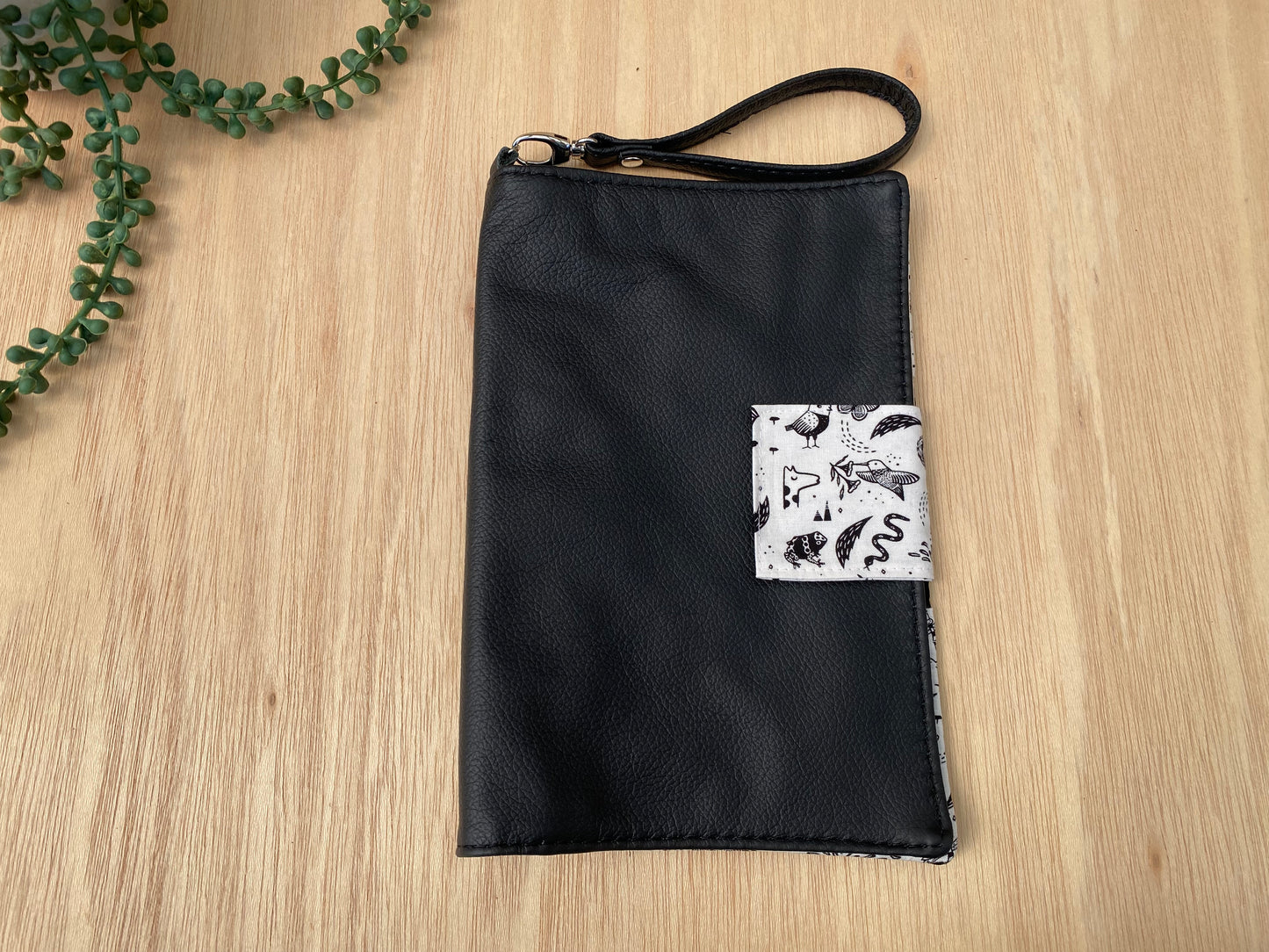 Leather Nappy Wallet - animals on black leather