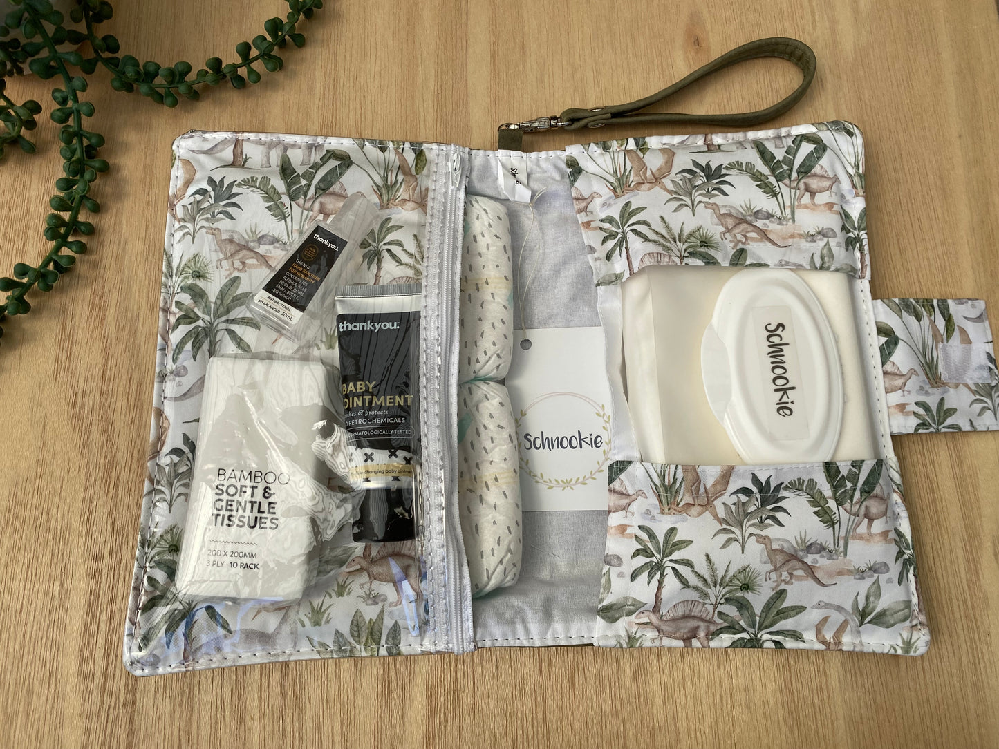 Leather Nappy Wallet - Dino on distressed olive leather