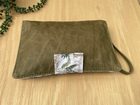 Leather Nappy Wallet - Dino on distressed olive leather