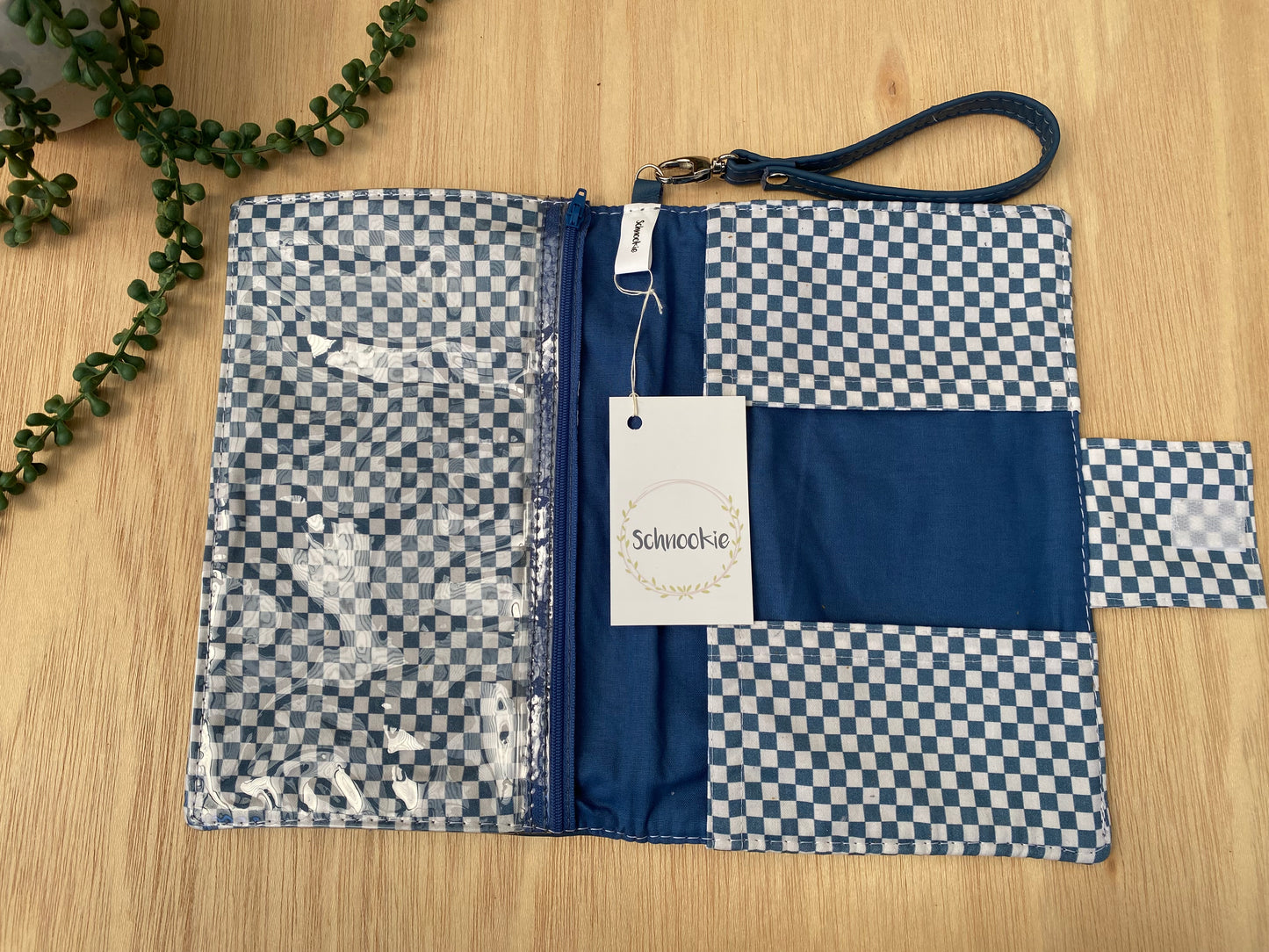 Leather Nappy Wallet - Blue check on blue leather