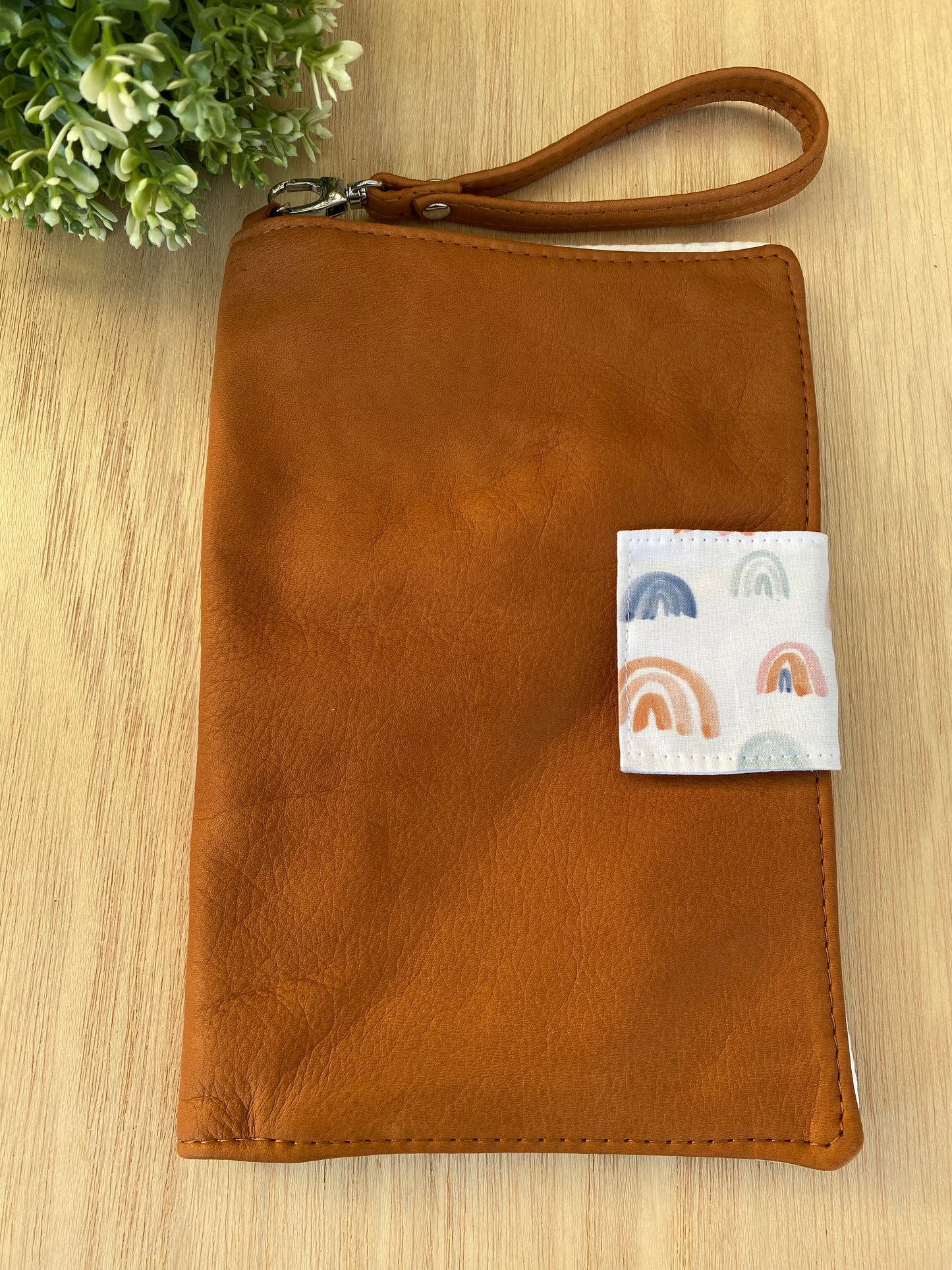 Leather nappy wallet - Watercolour rainbow on tan leather