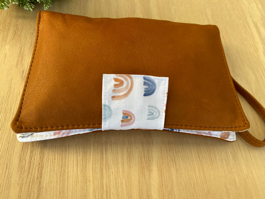 Leather nappy wallet - Watercolour rainbow on tan leather