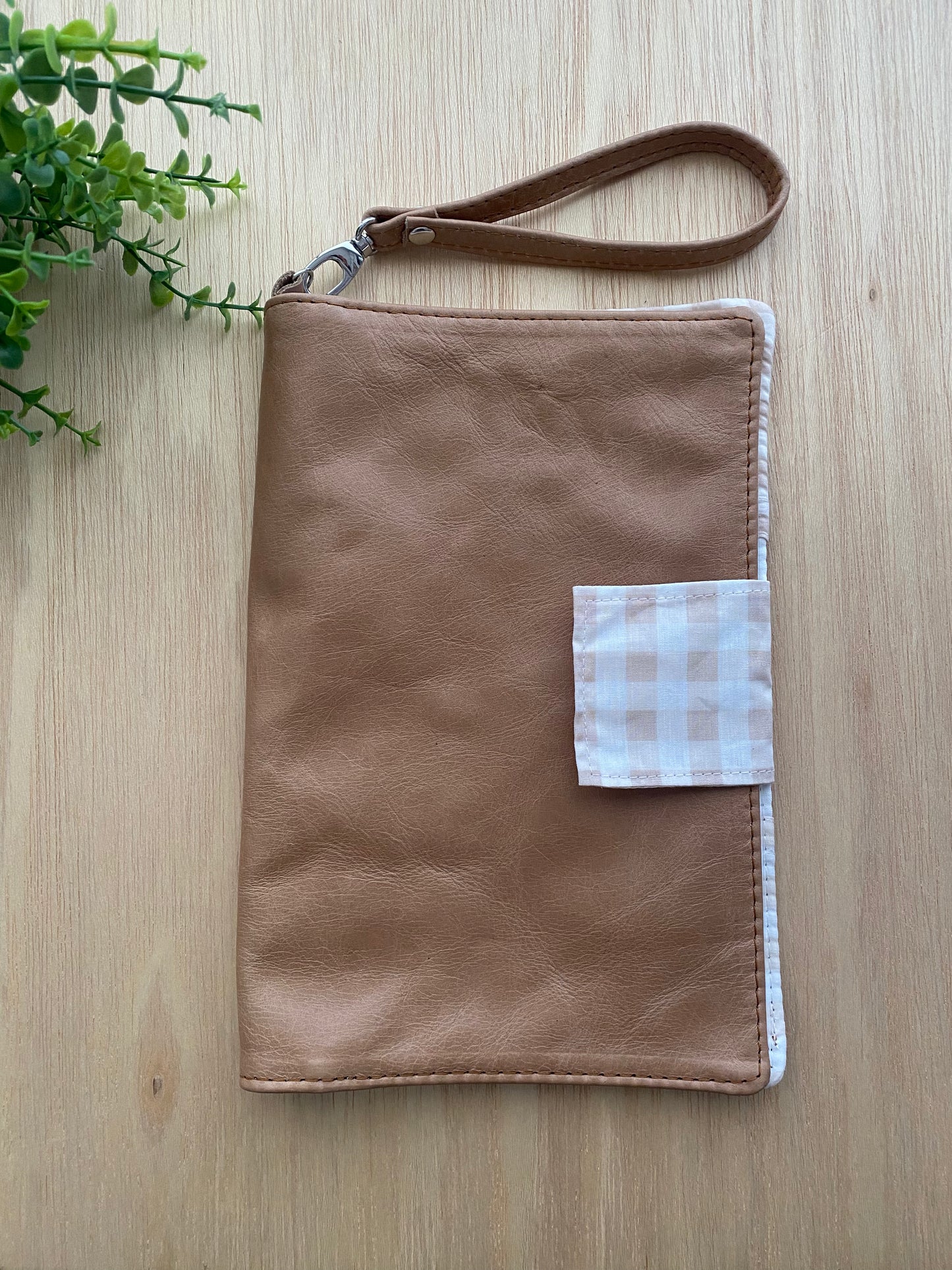 Leather Nappy Wallet - Beige Gingham on light tan leather