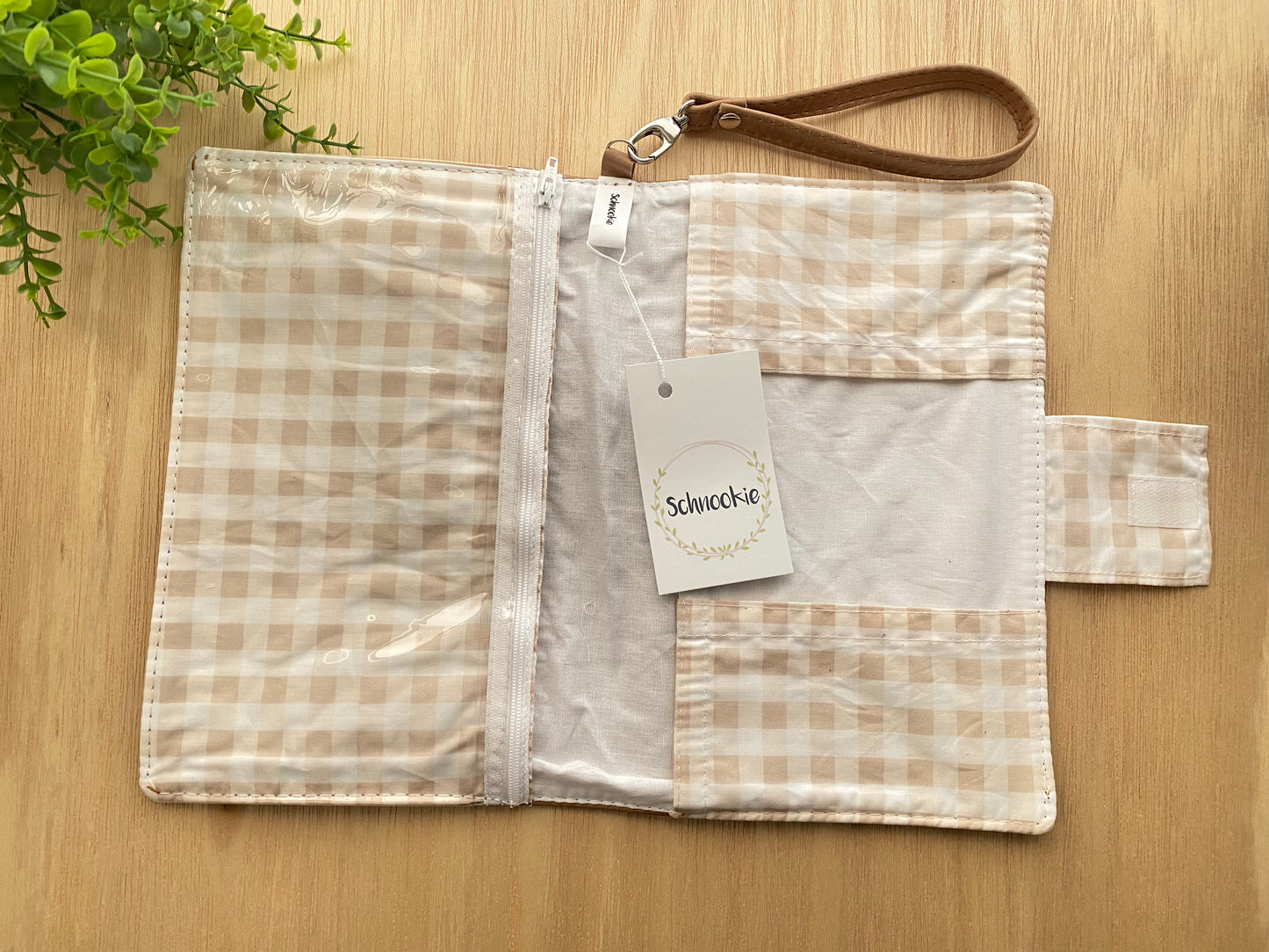 Leather Nappy Wallet - Beige Gingham on light tan leather