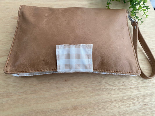 Leather Nappy Wallet - Beige Gingham on light tan leather