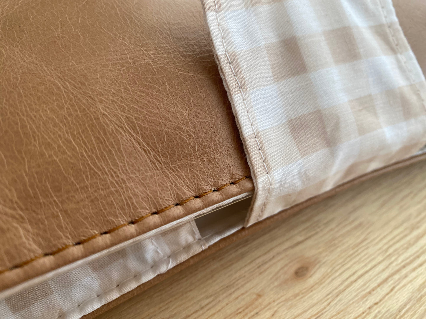 Leather Nappy Wallet - Beige Gingham on light tan leather