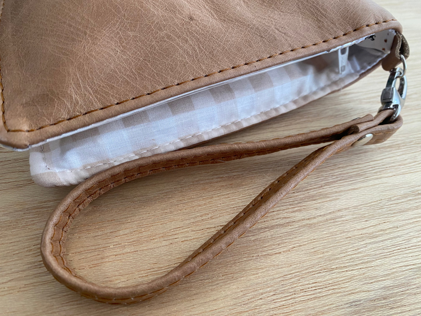 Leather Nappy Wallet - Beige Gingham on light tan leather