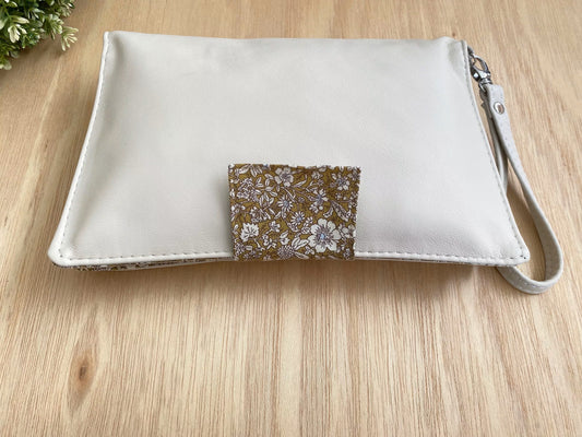 Leather Nappy Wallet -Olive vintage floral on cream leather