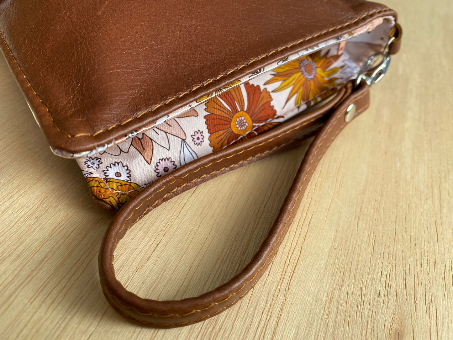 Leather Nappy Wallet - Flowers on tan leather